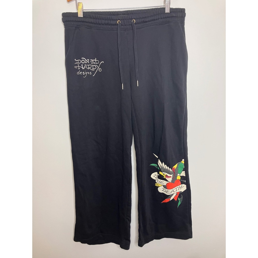 Ed Hardy Sweatpants Womens XL Black Excellent True Death Eagle Glitter Logo